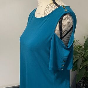 Calvin Klein Teal Cold Shoulder Blouse with Gold Buttons